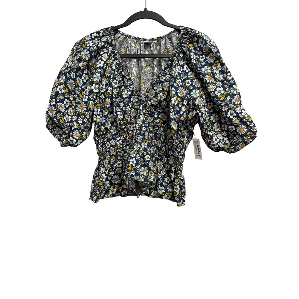 Old Navy Floral Puff Sleeve Smocked Waist Top Navy Blue Daisy Print Small NWT